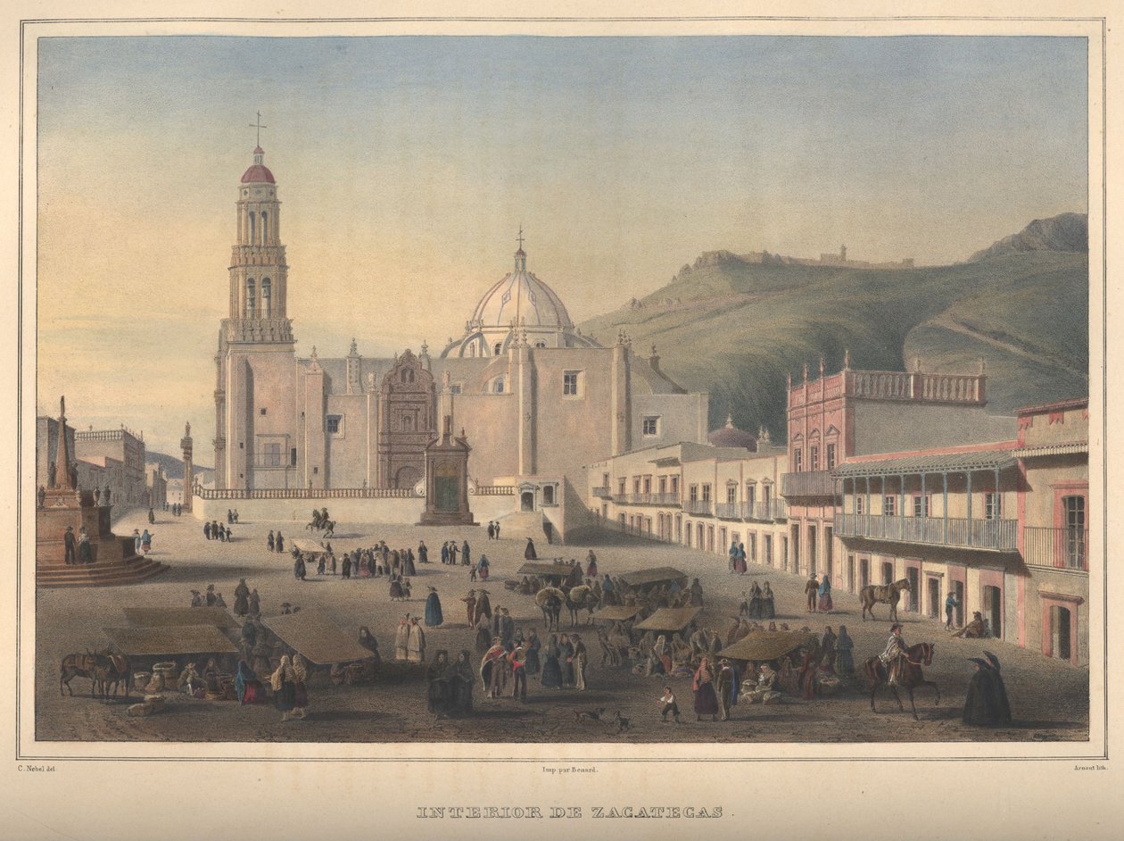 Zacatecas, Zacatecas का दृश्य गम अरबी के साथ हाथ से बने लिथोग्राफ पर प्रकाश डाला गया। द्वारा जीन बैप्टिस्ट अर्नआउट