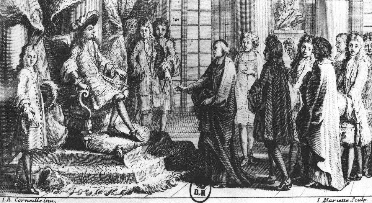 1694 में लुइस XIV (1638-1715) के लिए फ्रांसीसी अकादमी के सदस्य, जीन मैरिएट (1660-1742) द्वारा उत्कीर्ण द्वारा जीन बैप्टिस्ट कॉर्निल