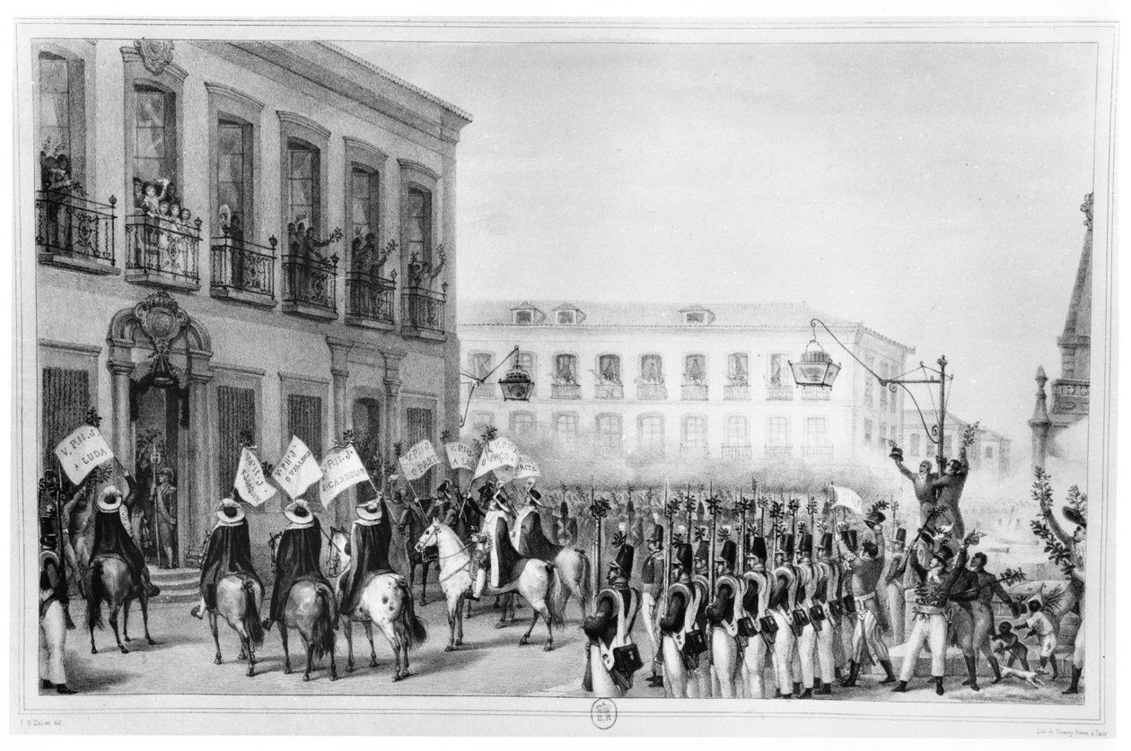 पेड्रो प्रथम (1798-1834) का उद्घोष ब्राजील के सम्राट, रियो डी जनेरियो, 7 अप्रैल 1831, &39;ब्राज़ील में सुरम्य और ऐतिहासिक यात्रा&39;, पेरिस से चित्र द्वारा जीन बैप्टिस्ट डेब्रेट
