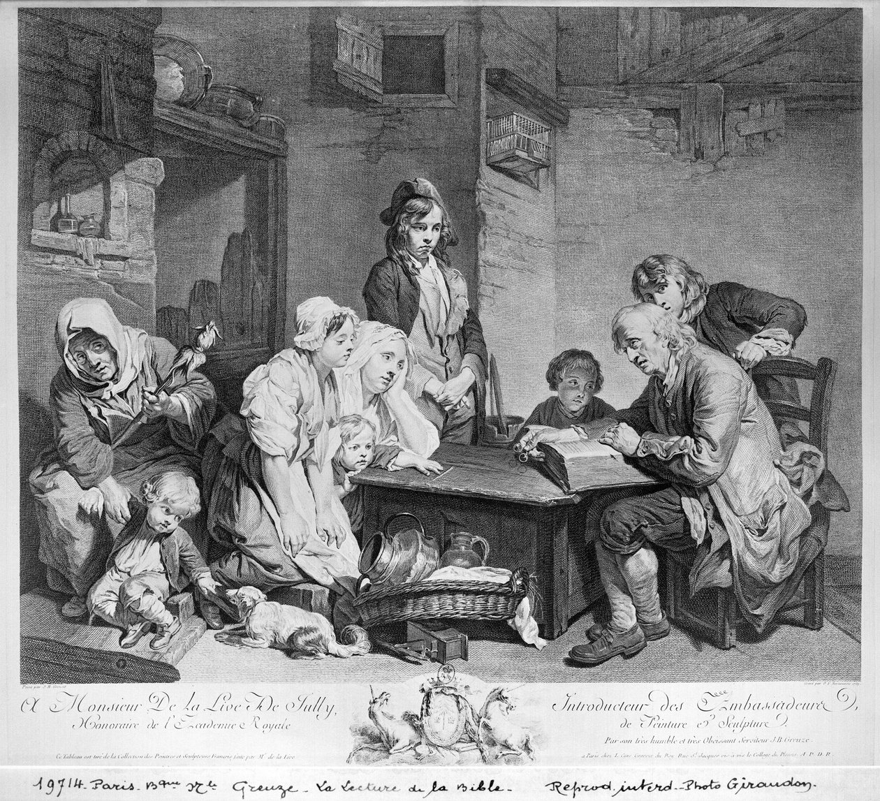 बाइबल का पठन, पीटर फ्रैंसिसस मार्टेनी या मार्टिनसी द्वारा उत्कीर्ण (1729-89) 8859 द्वारा जीन बैप्टिस्ट ग्रीज़े