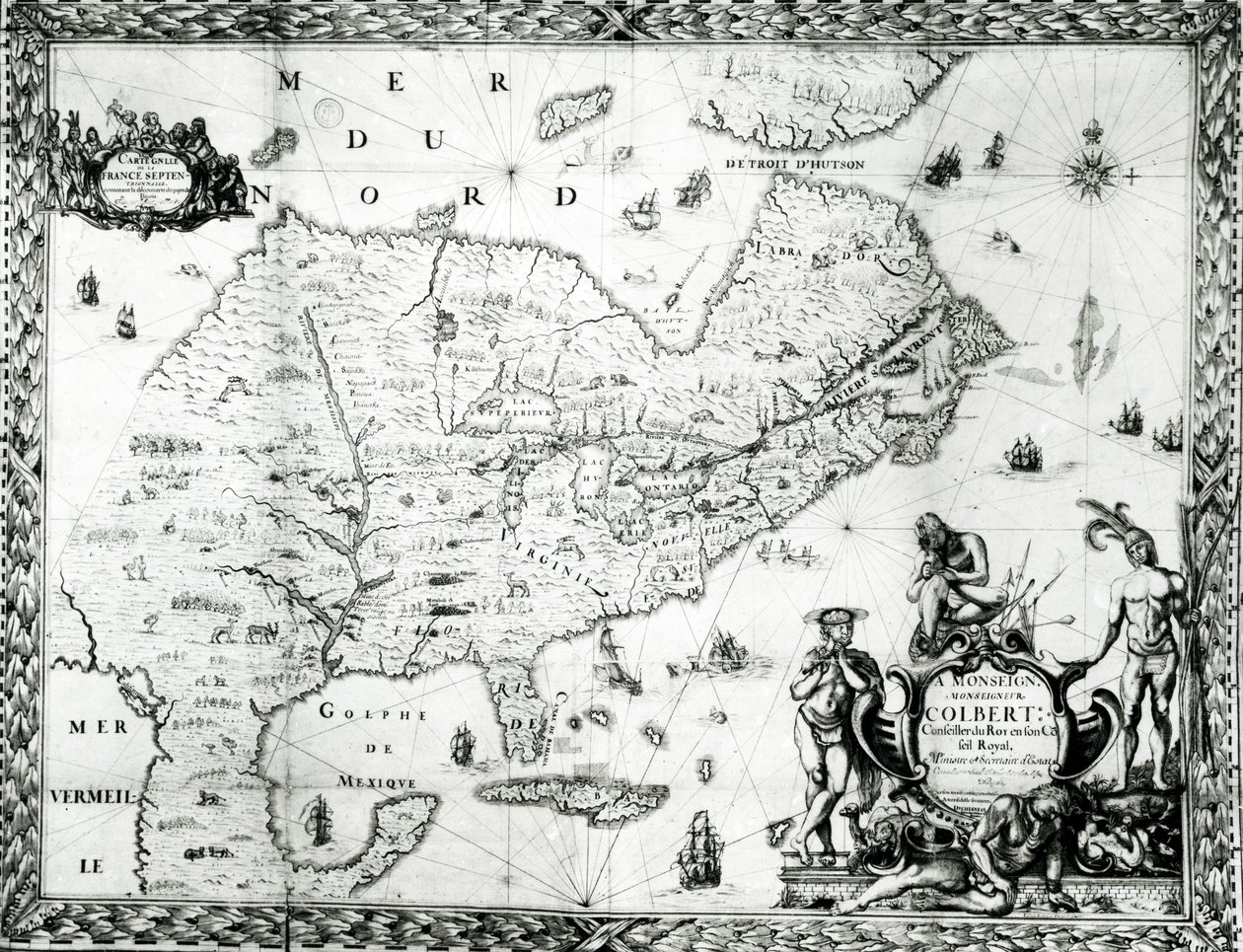 न्यू फ्रांस का नक्शा डचेसियो, कोलेंड, 1681 द्वारा कोलबर्ट को समर्पित (विस्तार के लिए 164769 देखें) द्वारा जीन बैप्टिस्ट लुइस फ्रेंकलिन