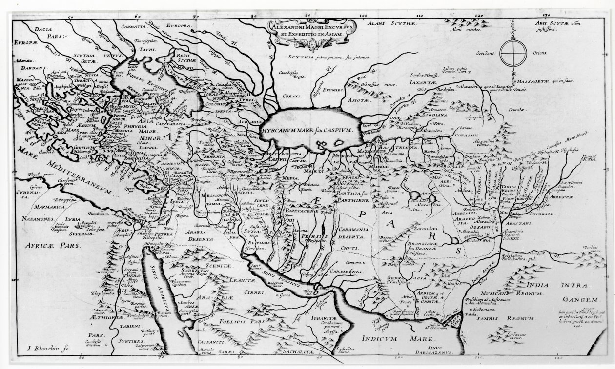 ट्रेवल्स का नक्शा और एशिया में सिकंदर महान (356-323 ईसा पूर्व) के अभियान द्वारा जीन ब्लांचिन