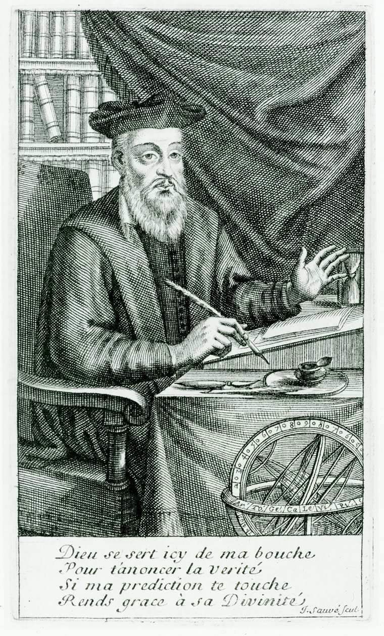 मिशेल डी नोस्ट्रेडम (नास्त्रेदमस) (1503-66) अपनी भविष्यवाणियों को लिखते हुए, जीन सौवे (fl.1660-91) द्वारा उत्कीर्ण द्वारा जीन बोलांगर