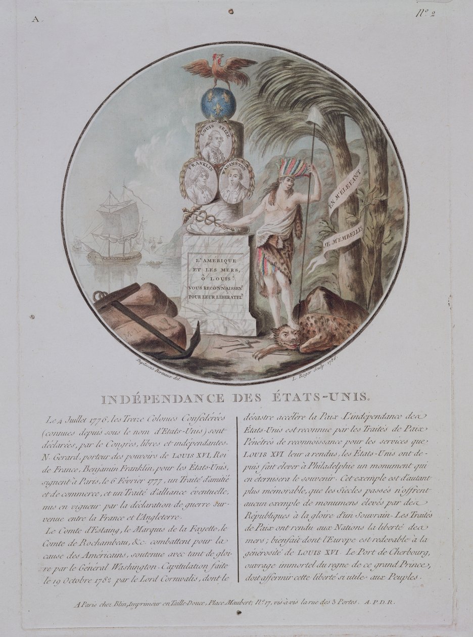 संयुक्त राज्य अमेरिका की स्वतंत्रता, एल रोजर द्वारा उत्कीर्ण, 1786 (रंगीन लिथो) द्वारा जीन डुप्लेसिस बर्टॉक्स