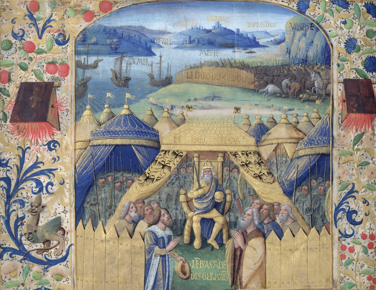 जूलियस सीज़र (100-44 ई.पू.) जर्मन राजदूत को प्राप्त करना, c.1450 द्वारा जीन फौक्वेट