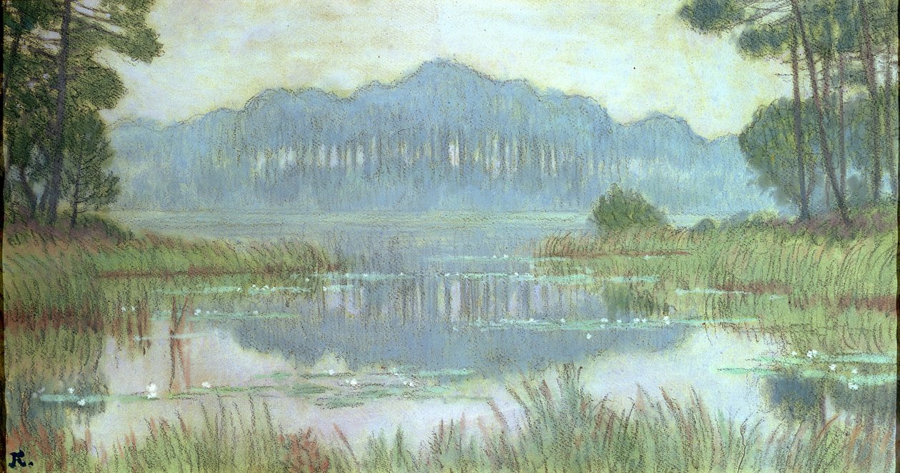 Overgrown तालाब के साथ लैंडस्केप, c.1900 (कागज पर पेंसिल और wc) द्वारा जीन फ्रांसिस ऑबर्टिन