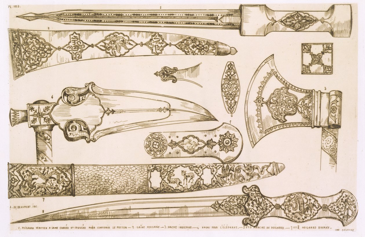डेल्ट्रे, पेरिस, 1857 द्वारा प्रकाशित &39;आर्ट एंड इंडस्ट्री&39; से चाकू के ब्लेड के लिए इस्लामी और मूरिश डिजाइन द्वारा जीन फ्रेंकोइस अल्बानिस डी ब्यूमोंट