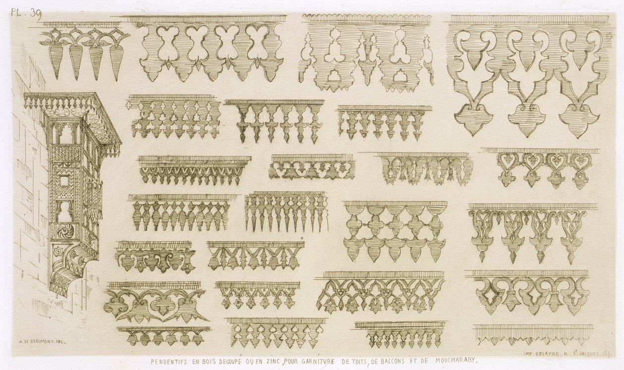Delatre, पेरिस, 1857 द्वारा प्रकाशित &39;आर्ट एंड इंडस्ट्री&39; से कंगनी, बालकनी और मशराबिया सजावट के लिए इस्लामी डिजाइन द्वारा जीन फ्रेंकोइस अल्बानिस डी ब्यूमोंट