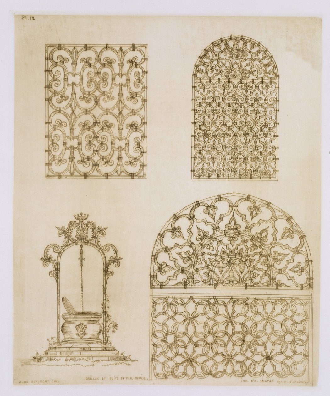 डेल्ट्रे, पेरिस, पेरिस, 1857 द्वारा प्रकाशित &39;आर्ट एंड इंडस्ट्री&39; से इस्लामिक आयरनवर्क खिड़कियों और कुओं के लिए ग्रिल द्वारा जीन फ्रेंकोइस अल्बानिस डी ब्यूमोंट