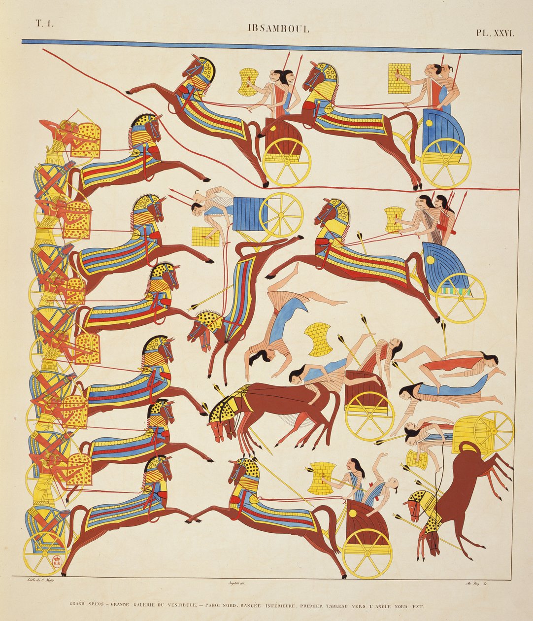 Ibsambul पर भित्तिचित्रों की व्याख्या, कलाकारों द्वारा &39;स्मारकों de l&39;Egypte et de la Nubie&39; से रथों के साथ युद्ध का चित्रण, c.1835 द्वारा जीन फ्रेंकोइस चैंपियन
