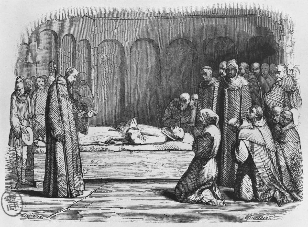 एबेलार्ड की मृत्यु, 1839 में &39;लेट्रेस डी-हेलोइस एट डीबेलार्ड&39; से चित्रण द्वारा जीन फ्रेंकोइस गिगौक्स