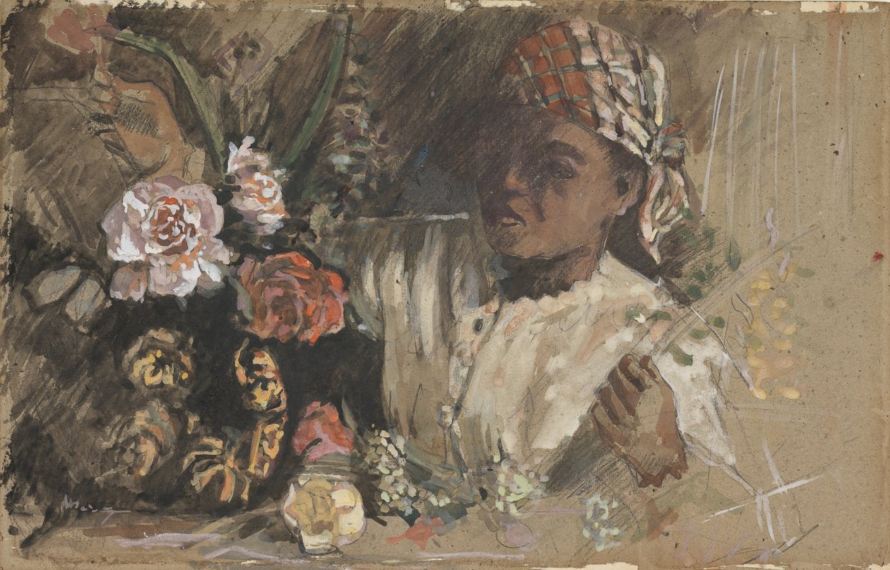 काली महिलाओं के साथ peonies, c.1870 (wc, gouache, चॉक और कार्ड पर ग्रेफाइट) द्वारा जीन फ्रेडरिक बाज़िल
