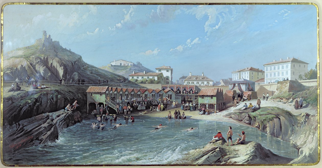 1858 के बिरिट्ज़ के पुराने बंदरगाह में समुद्र की शुरुआत द्वारा जीन जैक्स अल्बन डे लेसगैलरी