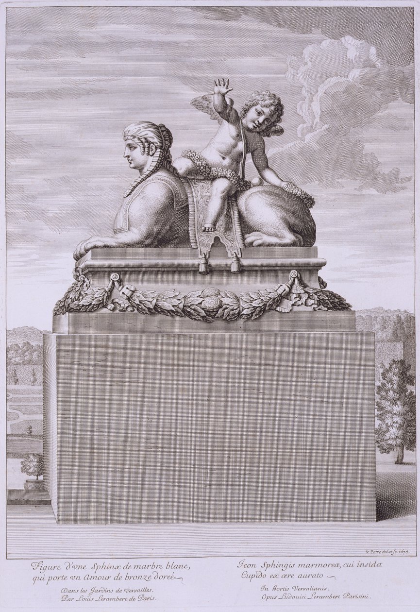 &39;मार्स एट प्लांस डी वर्सेल्स&39; से, 1676 में वर्साइल में एक कांस्य कामदेव ले जाने वाले सफेद संगमरमर में एक स्फिंक्स का चित्र, प्रकाशित किया गया था। द्वारा जीन लेपौत्रे