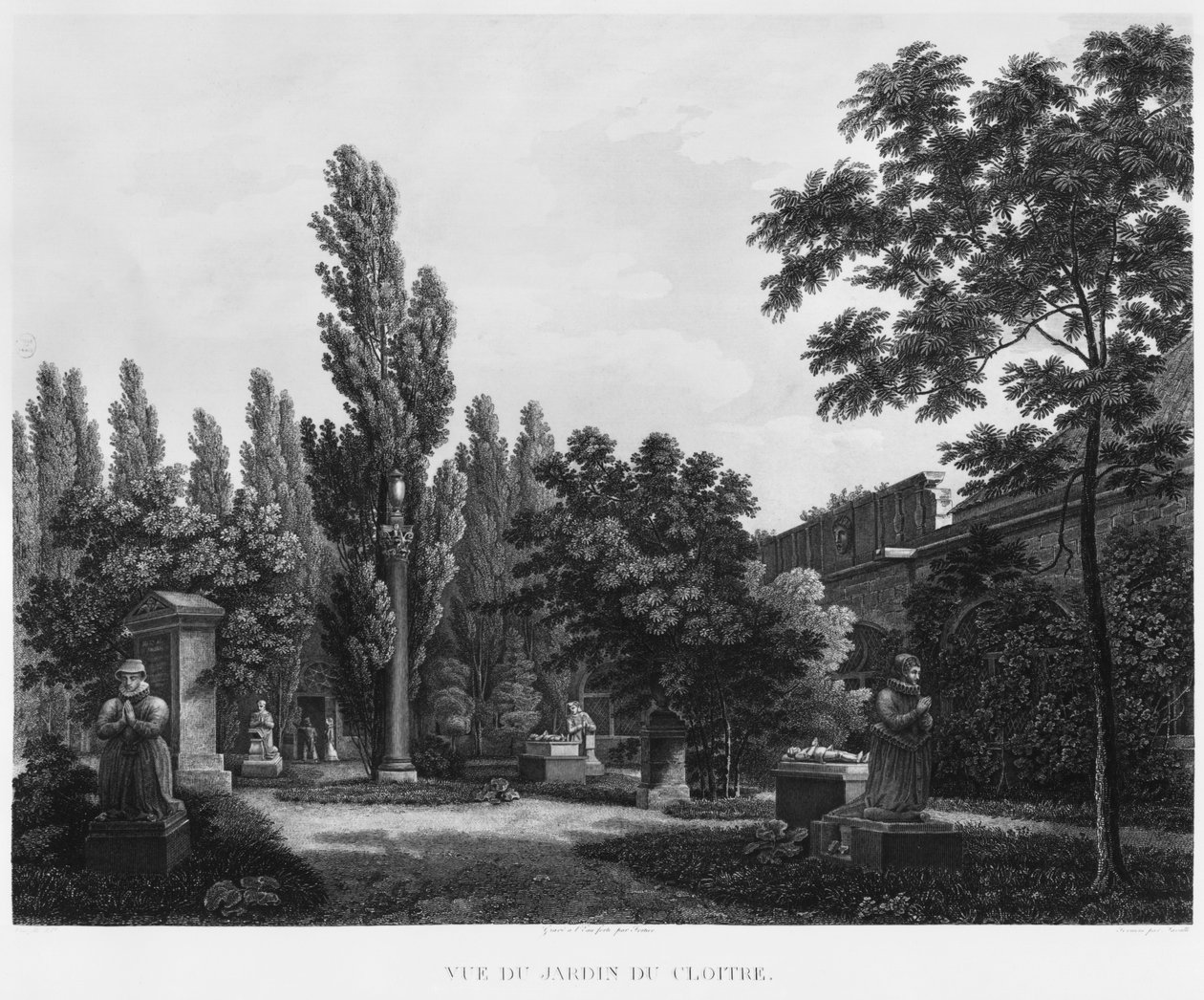 गार्डन ऑफ़ द क्लिस्टर, फ्रेंच मॉन्यूमेंट्स, पेरिस का संग्रहालय, &39;फ्रेंच मोन्यूमेंट्स के म्यूज़ियम और मुख्य कार्यों के कमरों के सुरम्य दृश्य और दृष्टिकोण&39; से चित्रण। द्वारा जीन लुबिन वुज़ले