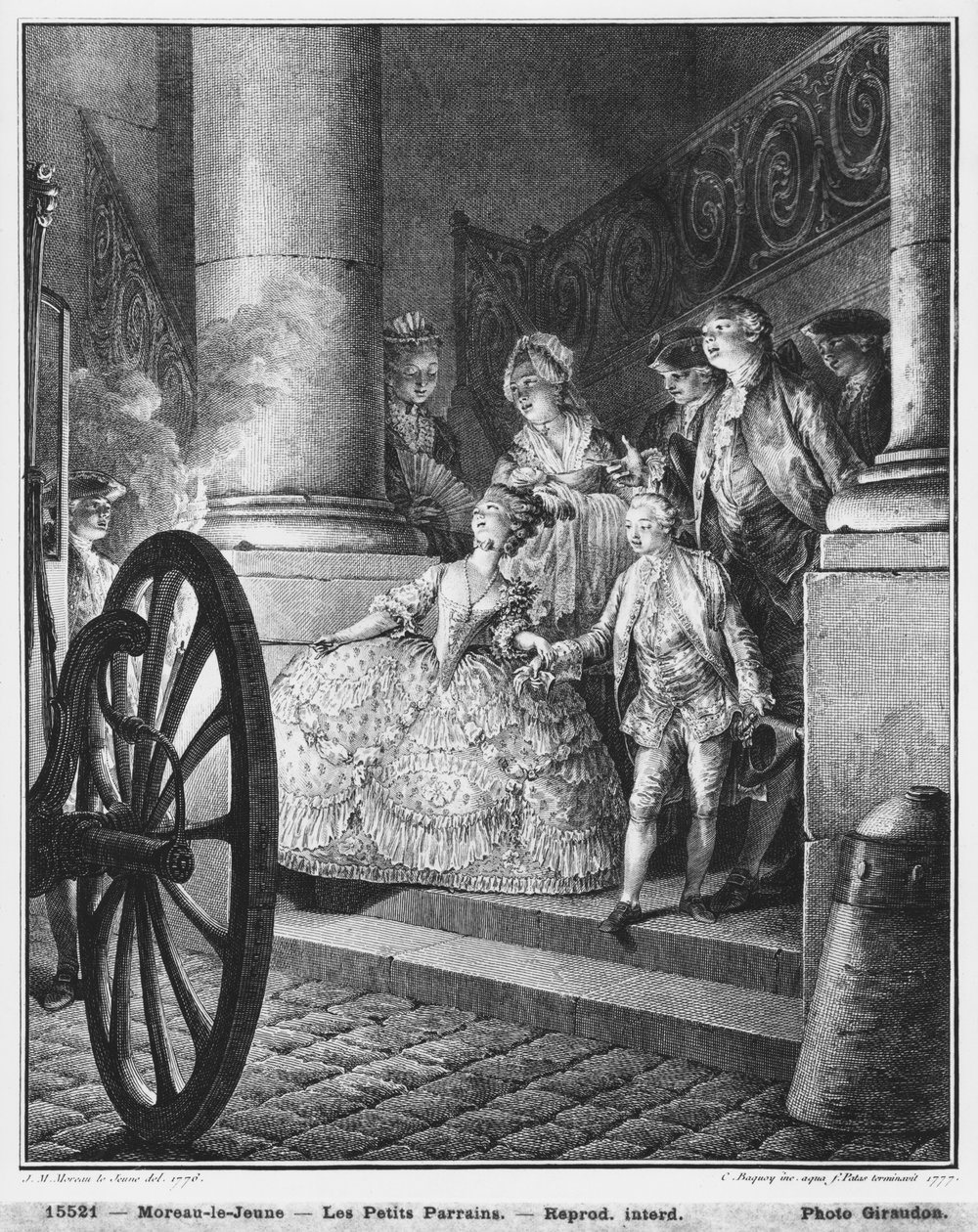 लिटिल गॉडफादर, 1776, 1777 में पियरे चार्ल्स बाउक्वॉय (1759-1829) और चार्ल्स इमैनुएल पेटस (1744-1802) द्वारा उत्कीर्ण द्वारा जीन-मिशेल द यंगर मोरो