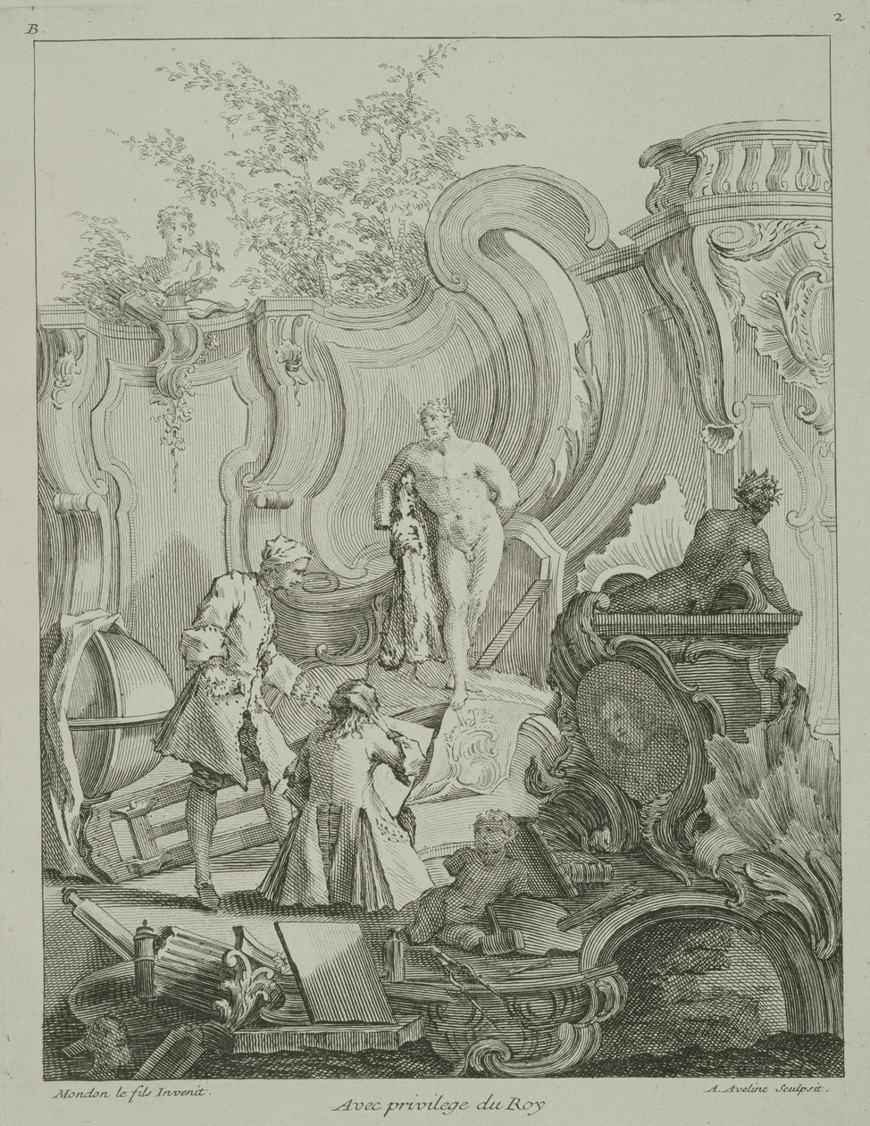 एंटोइन एवेलीन (1691-1743) द्वारा उत्कीर्ण &39;रोकोको आभूषण&39; से डिजाइन पर काम करने वाले शिल्पकार, 1736-49 प्रकाशित द्वारा जीन मोंडन