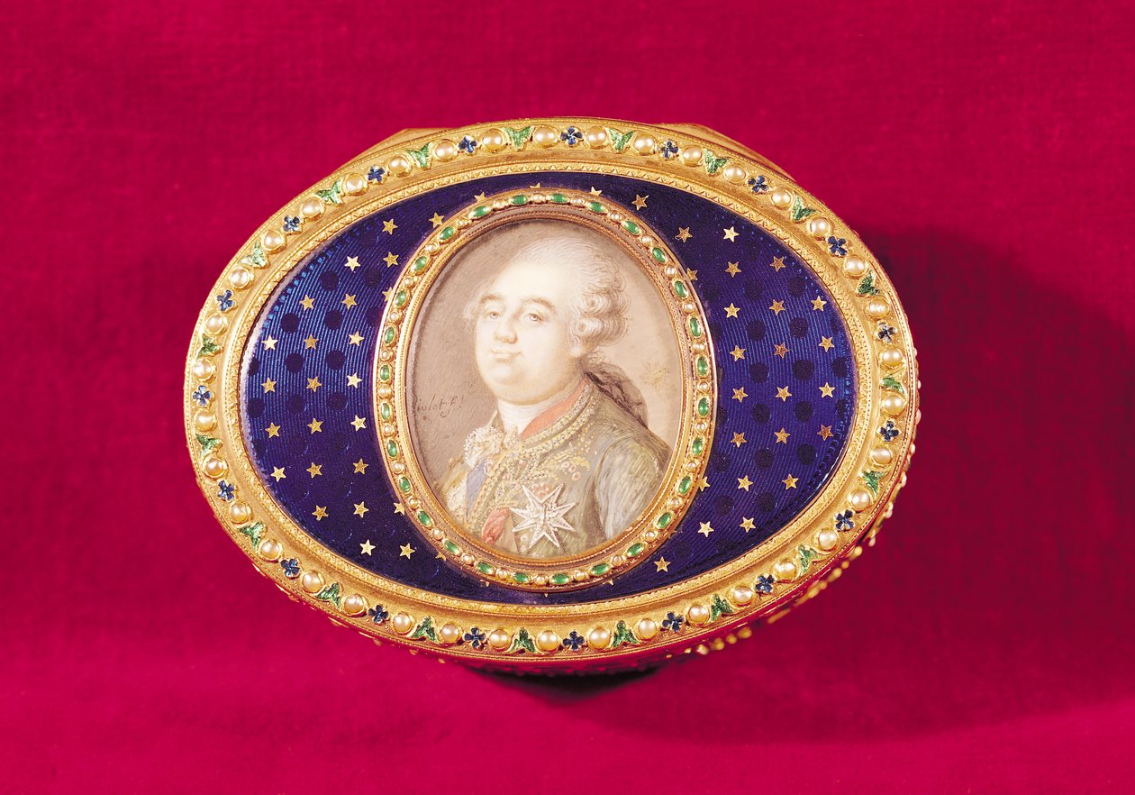 पियरे नोएल वायलेट (1749-1819) 1780 द्वारा हाथीदांत पर लुई XVI (1754-93) के एक चित्र लघु के साथ स्नफ़बॉक्स (सोना, तामचीनी, मोती und पन्ने) द्वारा जीन निकोलस मूनियर