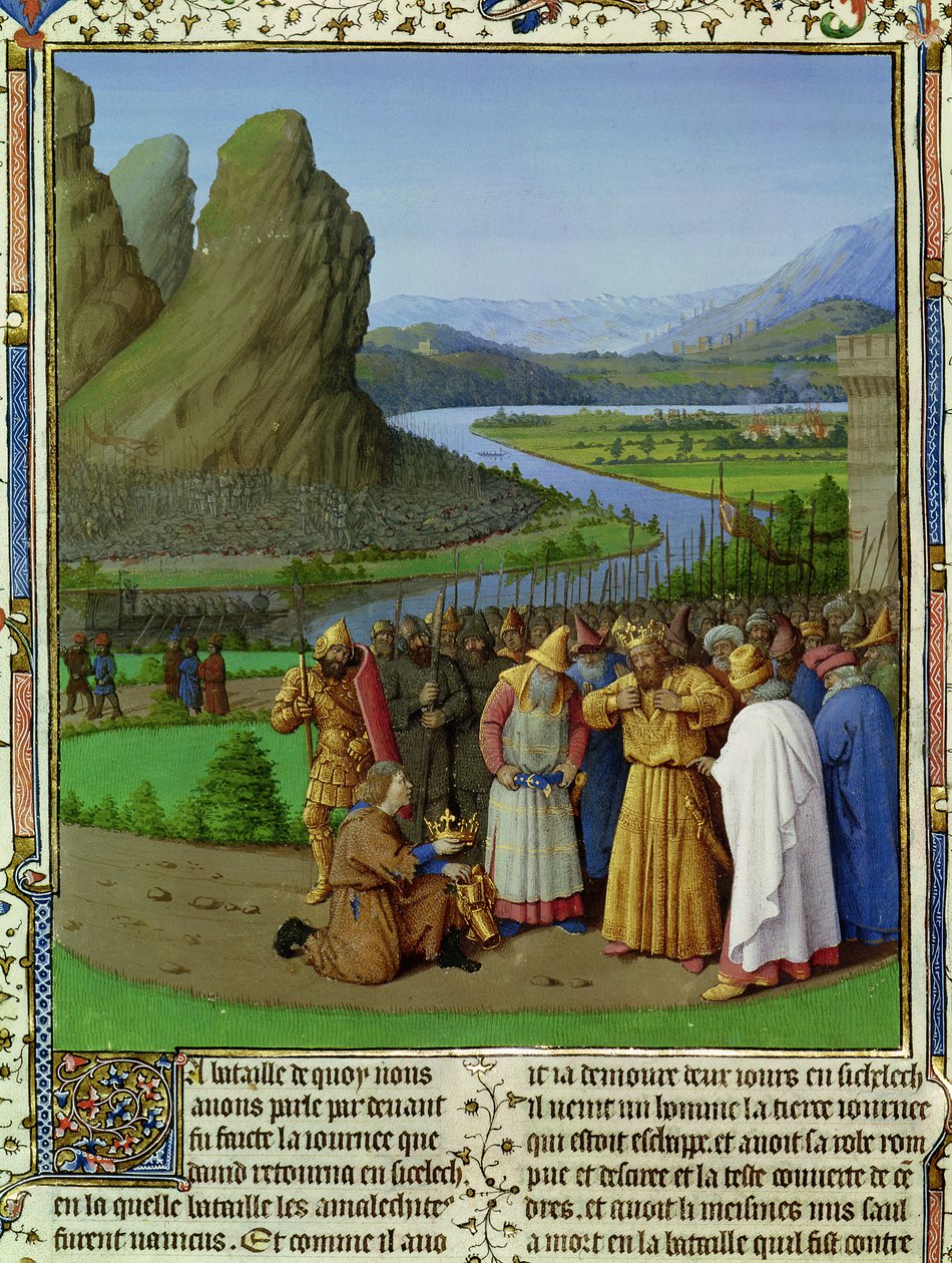 सुश्री एफआर 247 fol.135 शाऊल की मृत्यु के डेविड लर्निंग, &39;एंटीकाइट्स जुदाईस&39; से चित्रण, c.1470 द्वारा जीन फौक्वेट