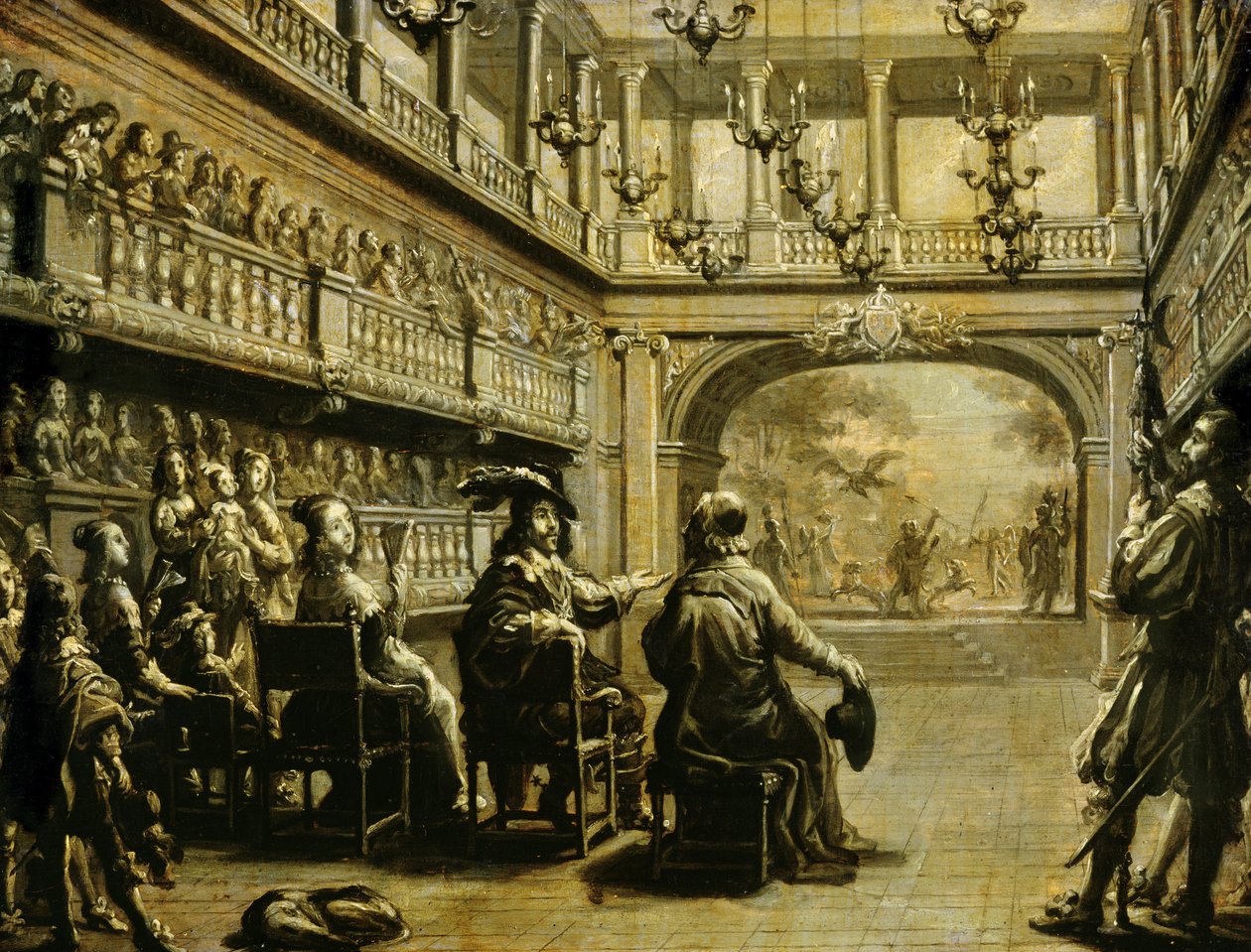 लुईस XIII (1601-43) ऑस्ट्रिया के ऐनी (1601-66) और कार्डिनल रिचल्यू (1585-1642) जे। डेसमरेस्ट डे सेंट-सोरलिन के नाटक &39;मीरैम&39; के निर्माण में, पैलिसिनल (अब पलाइस रॉयल ) पेरिस द्वारा जीन डे सेंट इग्नी