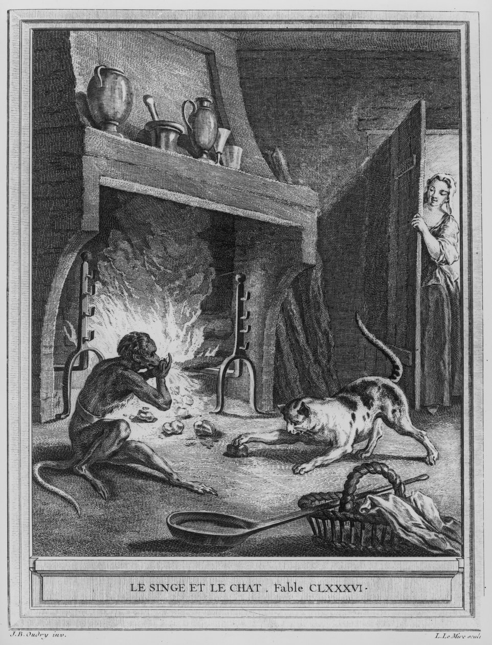 बंदर और बिल्ली, जीन डे ला फोंटेन (1621-95) द्वारा &39;फेबल्स&39; के लिए चित्रण, लुई ले मायर द्वारा उत्कीर्ण (1736-57) द्वारा जीन बैप्टिस्ट ओड्री
