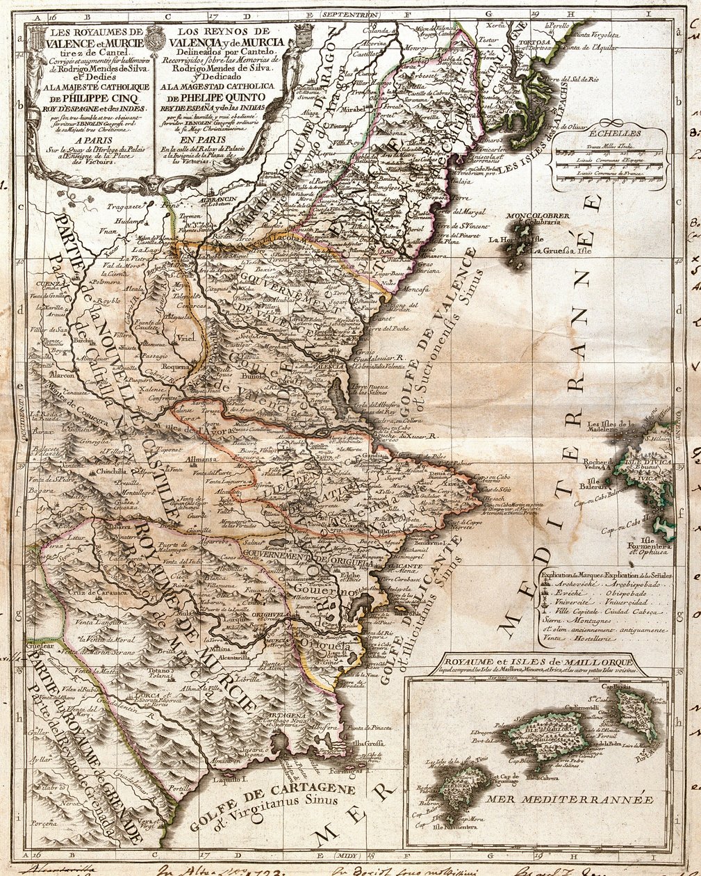 वालेंसिया और मर्सिया (स्पेन) के साम्राज्य का नक्शा (उत्कीर्णन) द्वारा जीन बैप्टिस्ट नोलिन
