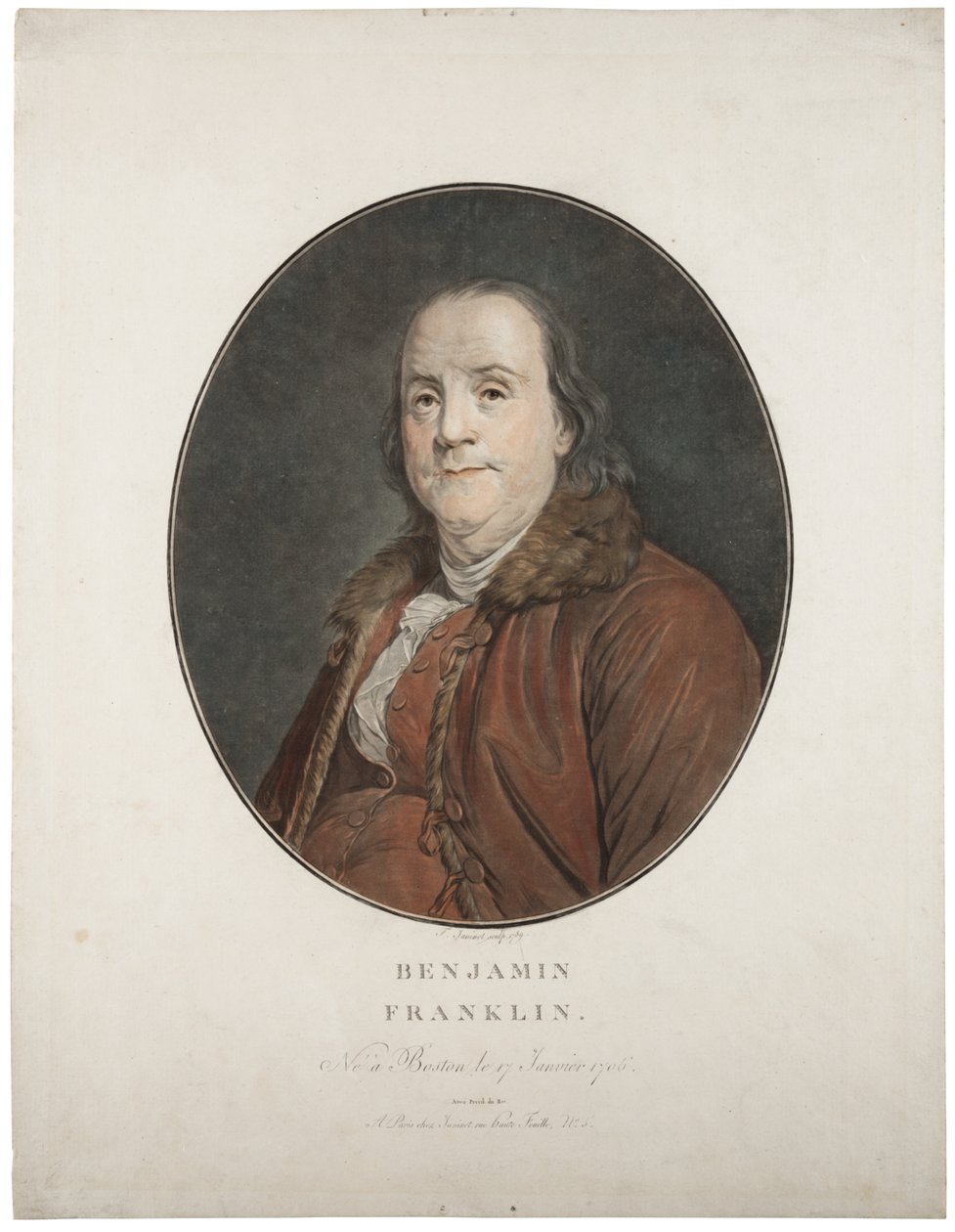 बेंजामिन फ्रैंकलिन, c.1789 (हाथ के रंग का मेज़ोटिन) द्वारा जीन फ्रेंकोइस जेनिनट
