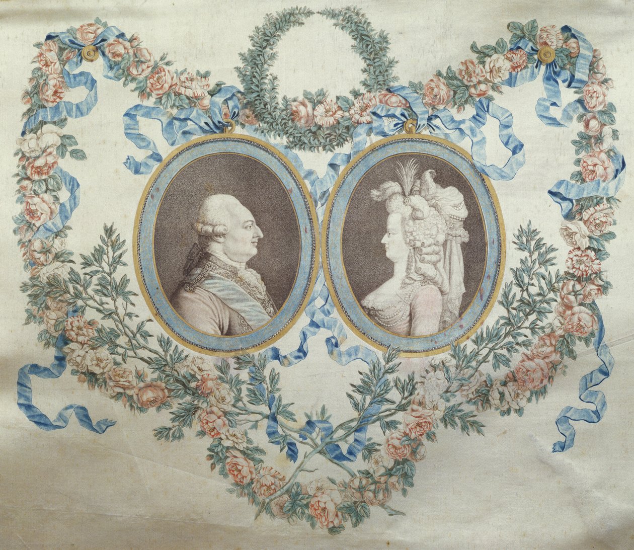 लुई XVI (1754-93) और मैरी एंटोनेट (1752-93) का चित्रण करते हुए बोनबोनियेरे का आवरण, c.1785 (मुद्रित रेशम) द्वारा जीन फ्रेंकोइस जेनिनट