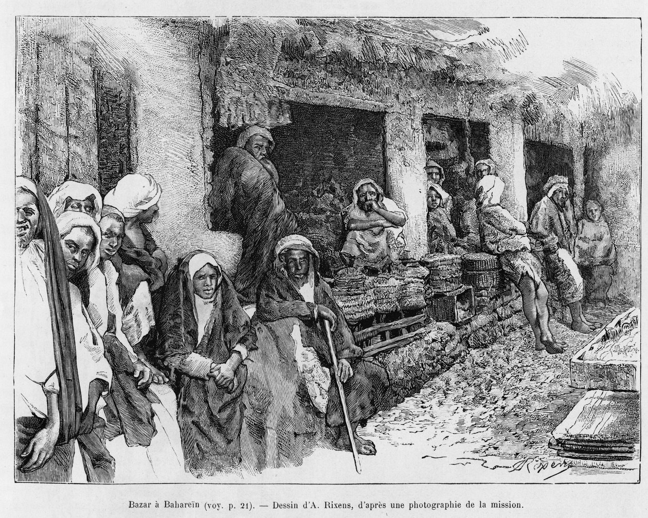 बाज़ार ए बहरीन, चाड। कहानी को चित्रित करने के लिए ए। रिक्सेंस द्वारा उत्कीर्णन ए सूज़, जर्नल डेस एक्साविल्स द्वारा जीन आंद्रे रिक्सेंस