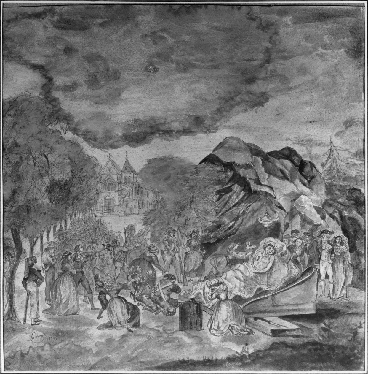 लेस कॉर्डेलियर्स, 1793 (कागज पर पेंसिल und wc) के ग्रोटो के पास मराट की लाश को अंतिम रूप देते हुए द्वारा जीन एंटोनी लॉरेंट