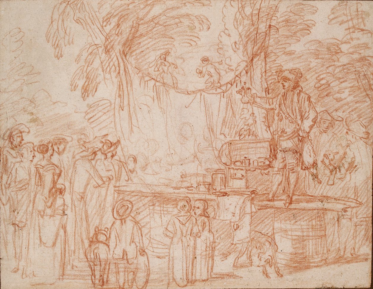 क्वैक डॉक्टर खुली हवा में अपना माल बेचते हुए, c1700-1720 द्वारा जीन एंटोनी वट्टू