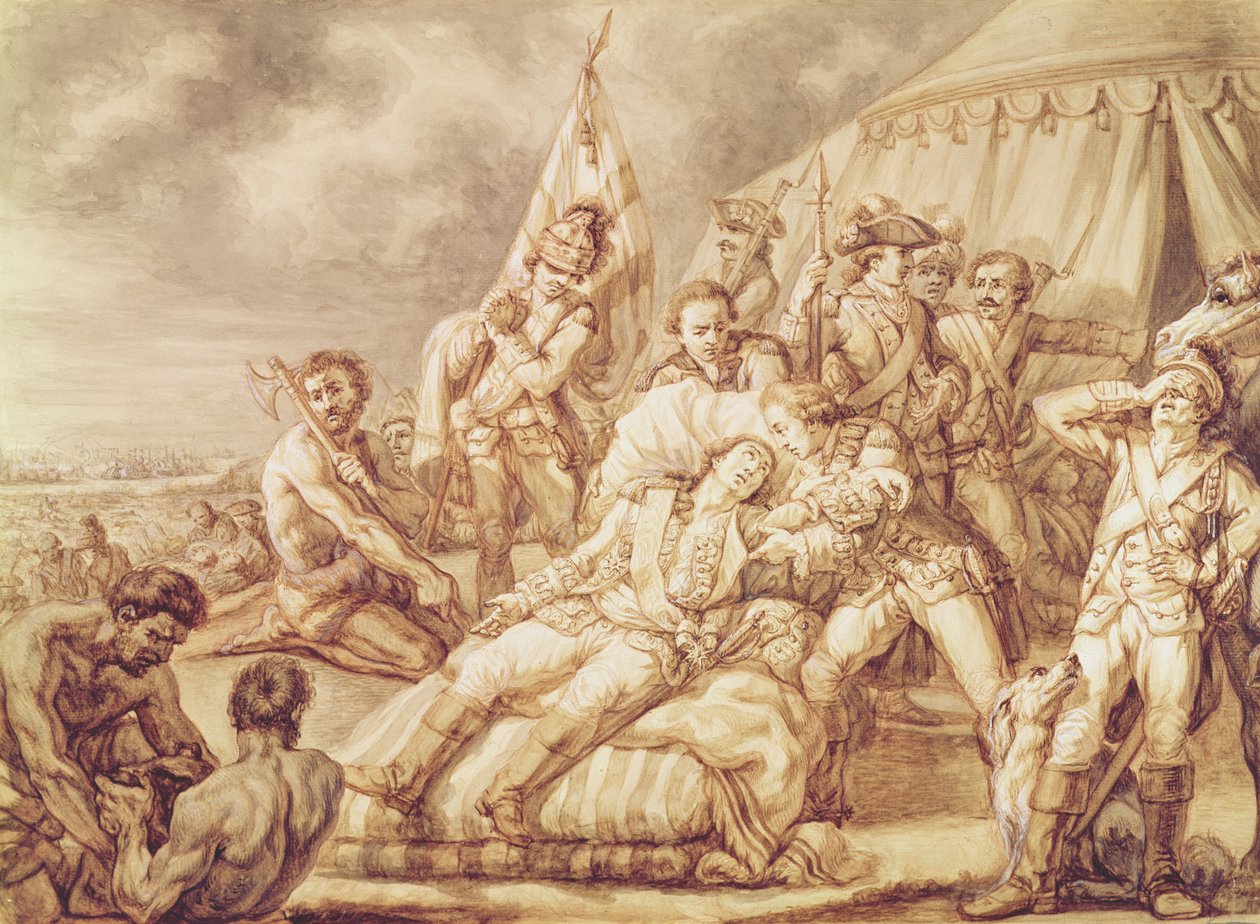 द डेथ ऑफ मारक्विस डे मॉन्टल्कम डे सेंट-वेरन (1712-59) (कागज पर बॉडीकोल के साथ पेन इन स्याही धोना द्वारा जीन एंटोनी वट्टू