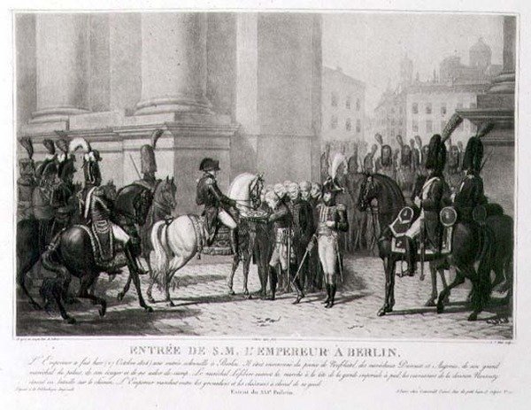 अक्टूबर 1806 में बर्लिन में नेपोलियन का प्रवेश, लुई जीन एलायस (1762-1833) (लिथो) द्वारा उकेरा गया द्वारा जीन बैप्टिस्ट (बाद) डेब्रेट