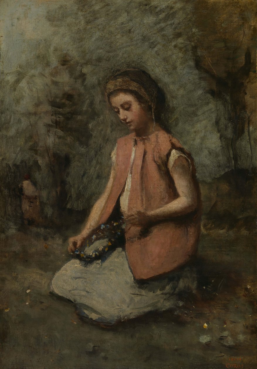 लड़की बुनाई एक माला, 1860-65। द्वारा जीन बैप्टिस्ट केमिली कोरोट