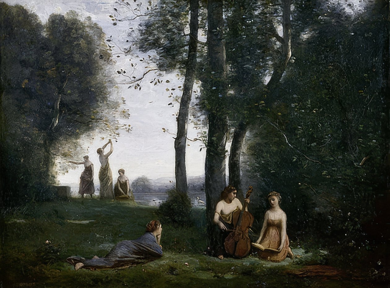 Le कॉन्सर्ट Champêtre (देश संगीत कार्यक्रम)। 1857-58 के आसपास द्वारा जीन बैप्टिस्ट केमिली कोरोट