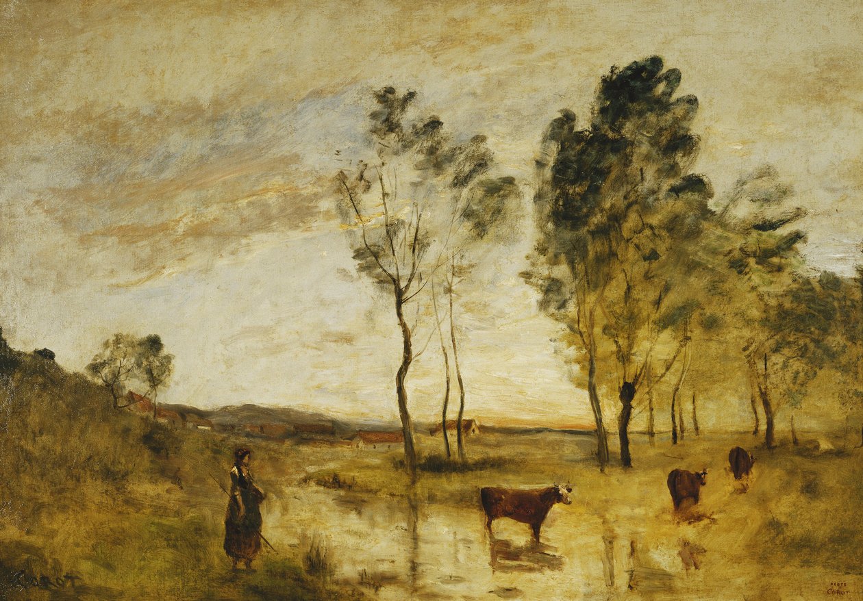 फोर्ड; एक फोर्ड के किनारे पर गायों; ले Gue; बोर्ड डू ग्यू में गायों, c.1870-1873 द्वारा जीन बैप्टिस्ट केमिली कोरोट