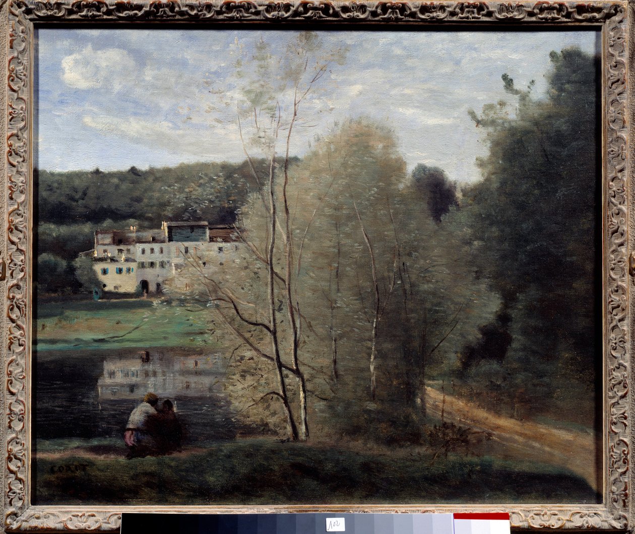 केमिली कोरोट (1796-1875) 1840 डेस भिक्षुओं, कला केंद्र द्वारा एवरे शहर, तालाब और हाउस कैबसुड पेंटिंग का दृश्य द्वारा जीन बैप्टिस्ट केमिली कोरोट