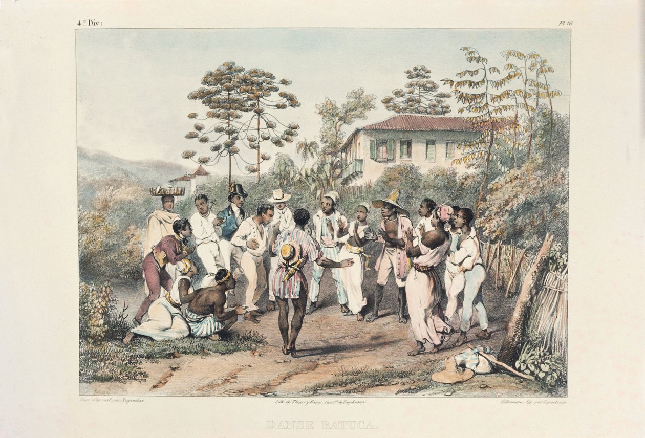 अश्वेत नर्तकियों का समूह, 'ब्राज़ील की सुरम्य और ऐतिहासिक यात्रा, या ब्राज़ील में एक फ्रांसीसी कलाकार का प्रवास' का चित्रण द्वारा जीन बैप्टिस्ट डेब्रेट