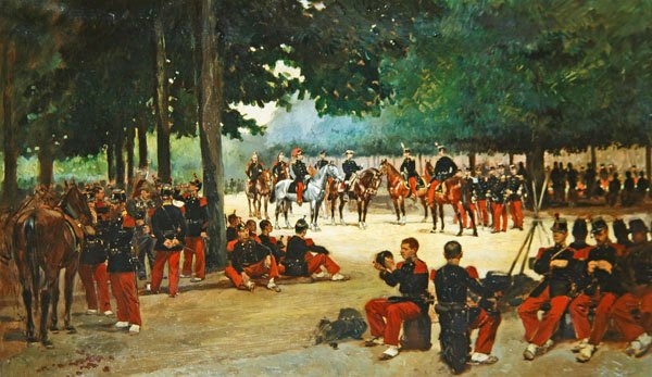 एक समीक्षा के दौरान Bois de Boulogne पर आराम करने वाली इन्फैंट्री रेजिमेंट, c.1885 द्वारा जीन बैप्टिस्ट एडौर्ड डिटेल