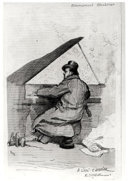 पियानो पर एलेक्सिस इमैनुएल चैब्रियर (1841-94), फ्लोरियन द्वारा उत्कीर्ण द्वारा डिटेल के बाद जीन बैप्टिस्ट एडौर्ड