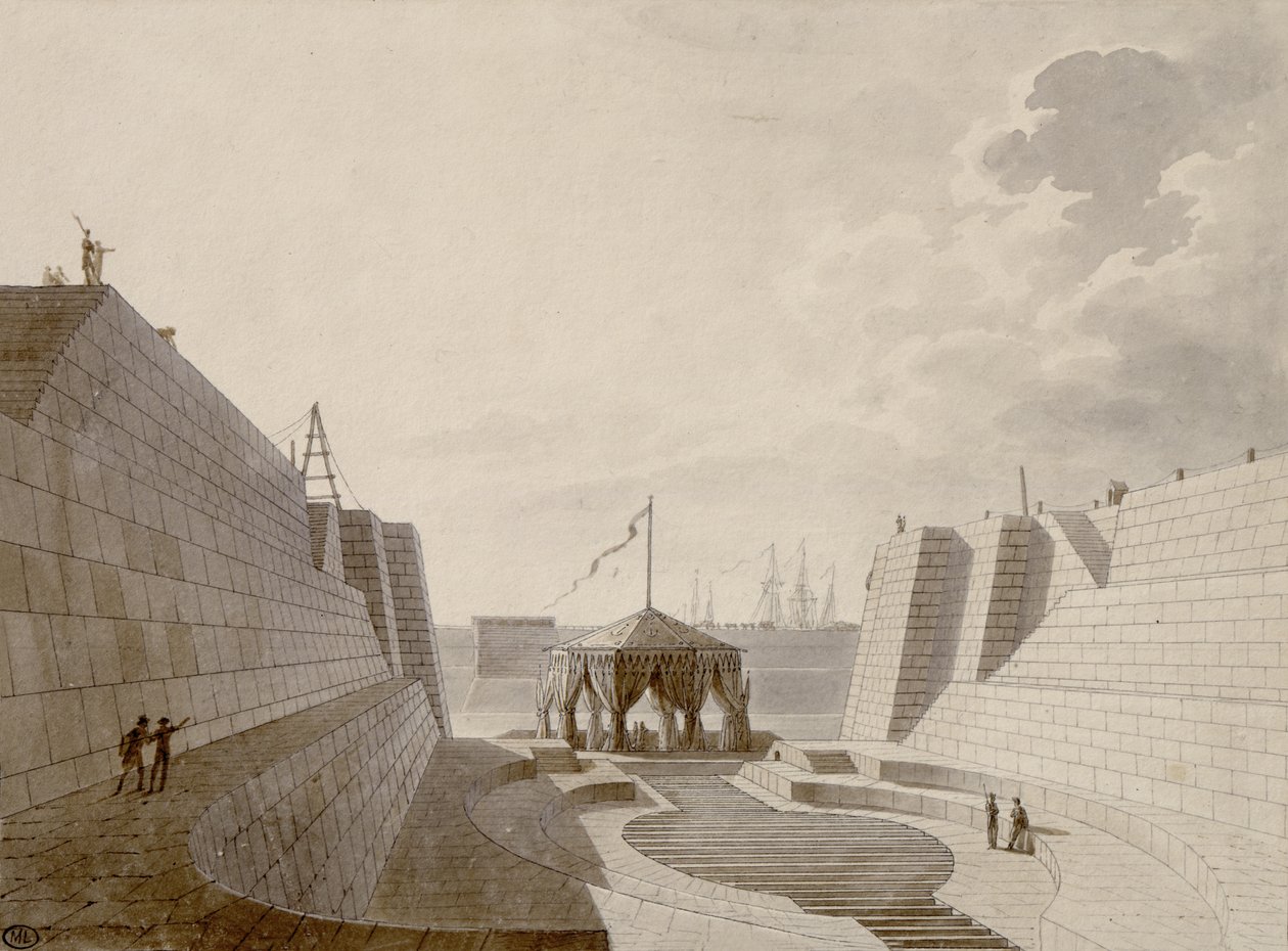 चेरबर्ग में सूखा गोदी, जुलाई 1813 (कागज पर कलम, स्याही और डब्ल्यूसी) द्वारा जीन-बैप्टिस्ट इसाबे