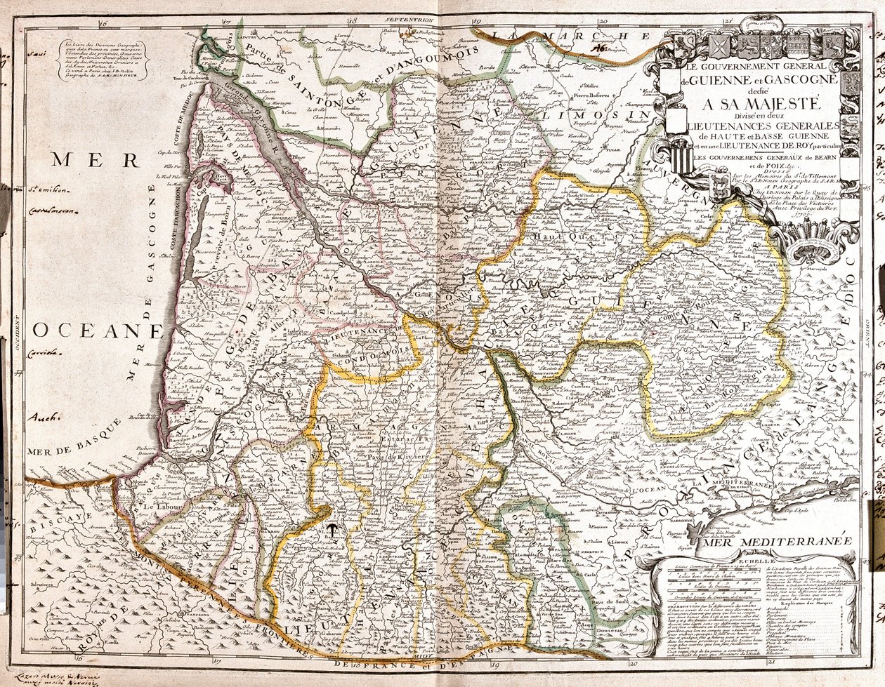 गुयेन और गास्कोगने का नक्शा (फ्रांस के दक्षिण पश्चिम) (उत्कीर्णन) द्वारा जीन बैप्टिस्ट नोलिन