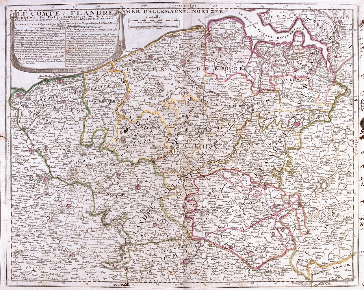 फ़्लैंडर्स काउंटी का नक्शा (वर्तमान में बेल्जियम के पश्चिमी और पूर्वी फ़्लैंडर्स) (उत्कीर्णन) द्वारा जीन बैप्टिस्ट नोलिन