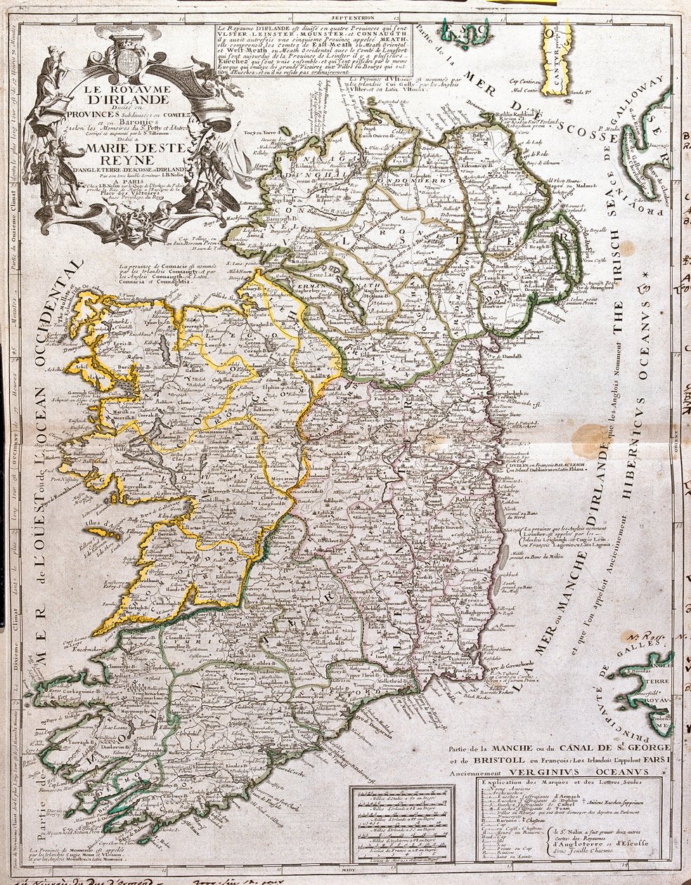 आयरलैंड के साम्राज्य का नक्शा, मैरी डी'एस्ट (1658-1718), इंग्लैंड, स्कॉटलैंड और आयरलैंड की रानी (उत्कीर्णन) को समर्पित द्वारा जीन बैप्टिस्ट नोलिन
