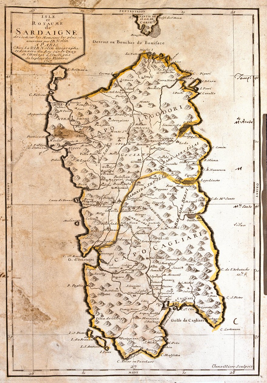 सार्डिनिया साम्राज्य का नक्शा (इटली) (उत्कीर्णन) द्वारा जीन बैप्टिस्ट नोलिन