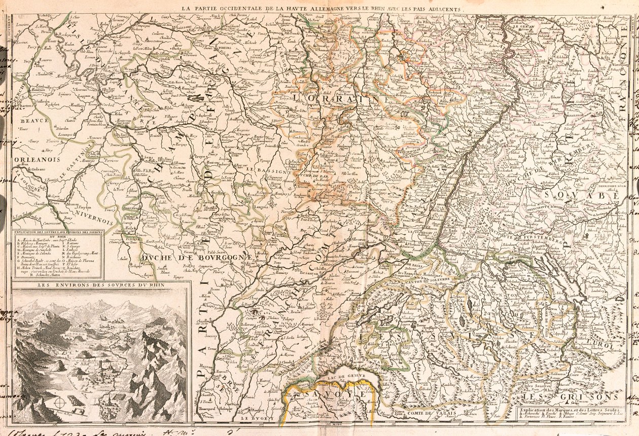 राइन के आसपास के क्षेत्र का नक्शा (जर्मनी, स्विट्ज़रलैंड, फ़्रांस) (उत्कीर्णन) द्वारा जीन बैप्टिस्ट नोलिन