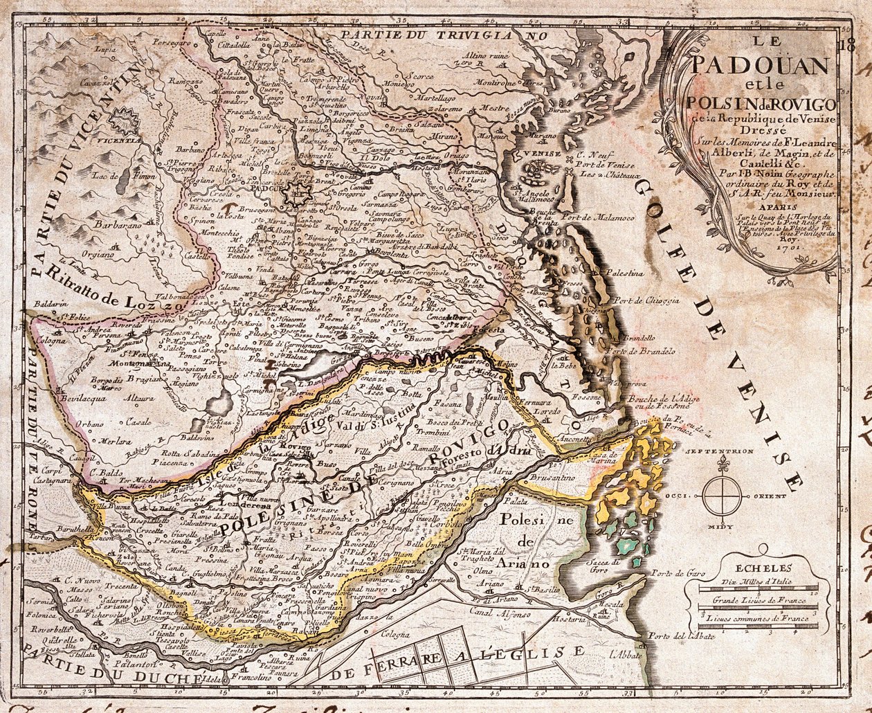 Padua और Polesine (इटली) के क्षेत्र का नक्शा (उत्कीर्णन द्वारा जीन बैप्टिस्ट नोलिन