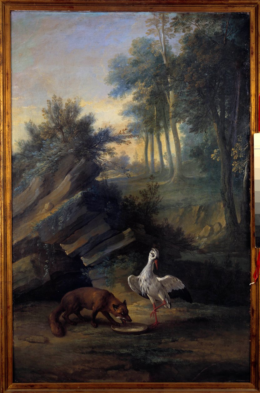 लोमड़ी और सारस। जीन डे ला फोंटेन (1621-1695) द्वारा एक कल्पित कहानी का चित्रण। जीन बैप्टिस्ट ऑड्री की पेंटिंग (1686-1755) द्वारा जीन बैप्टिस्ट ओड्री