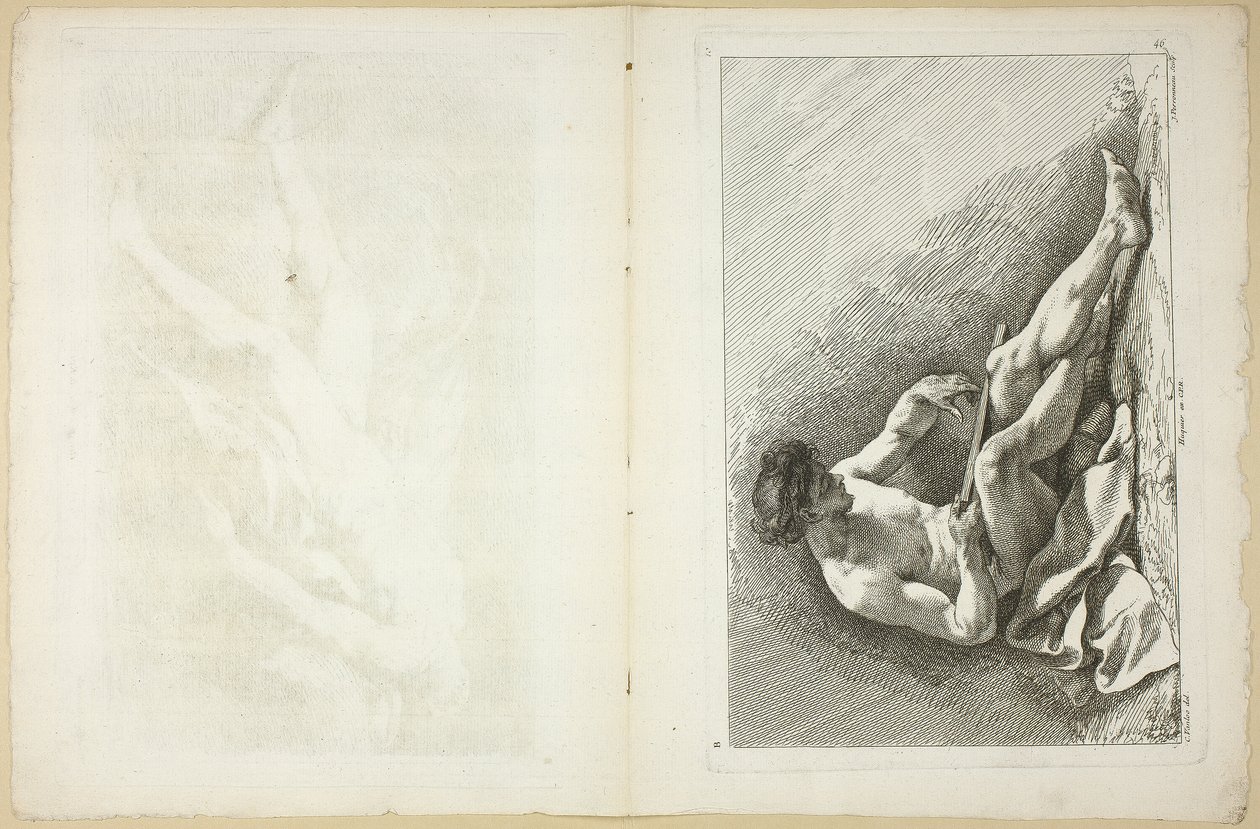 चित्र (रेक्टो और वर्सो), अकादमियों के चित्रों की दूसरी पुस्तक से, रॉयल अकादमी के प्रोफेसरों द्वारा आंशिक रूप से उकेरा गया द्वारा जीन-बैप्टिस्ट पेरोनन्यू
