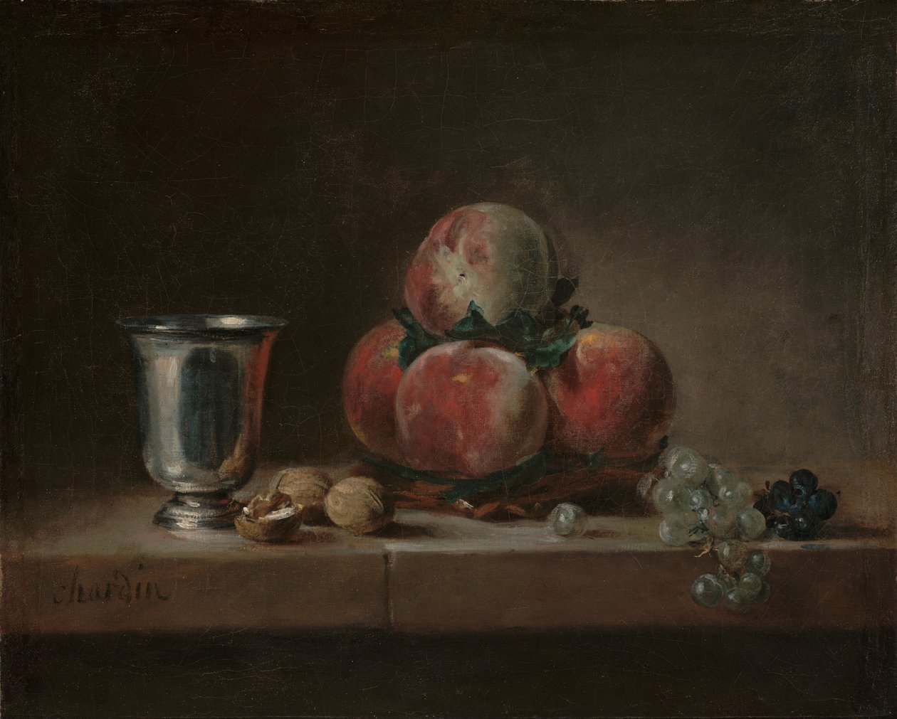 पीचिस, सिल्वर गोब्लेट, अंगूर और अखरोट के साथ फिर भी जीवन, c.1759-60 (कैनवास पर तेल) द्वारा जीन बैप्टिस्ट शिमोन चारदिन